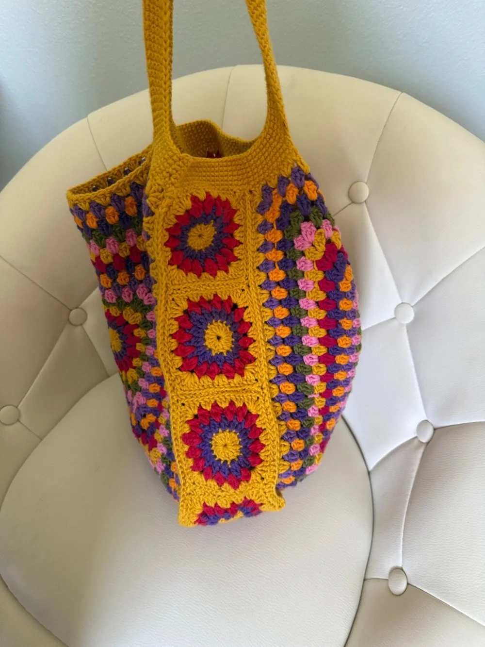 Granny Handmade Knitting Crochet Tote Bag - Mustard Multicolor - Picture 3 of 7